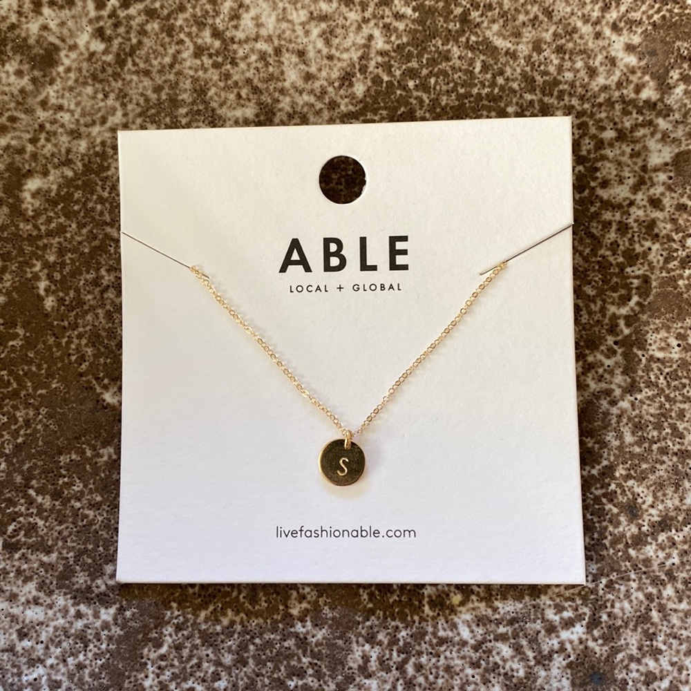 *NWT* ABLE Mini Tag Necklace with ‘S’ charm in gold